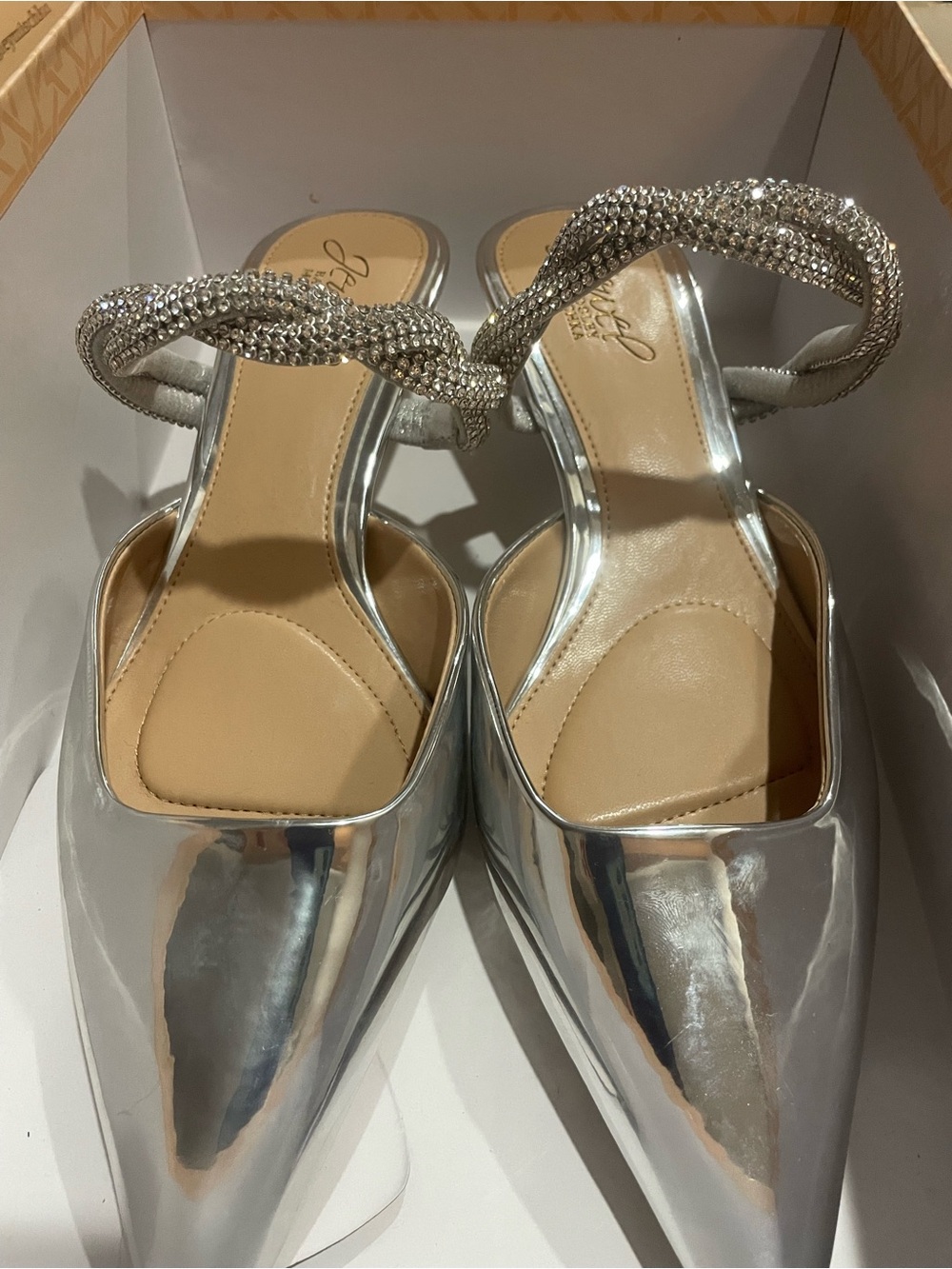Badgley Mischka Silver Pointed Mules with Crystal Braided Strap